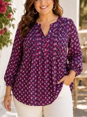 Terra & Sky Pink and Purple Geometric Pintuck Peasant Top